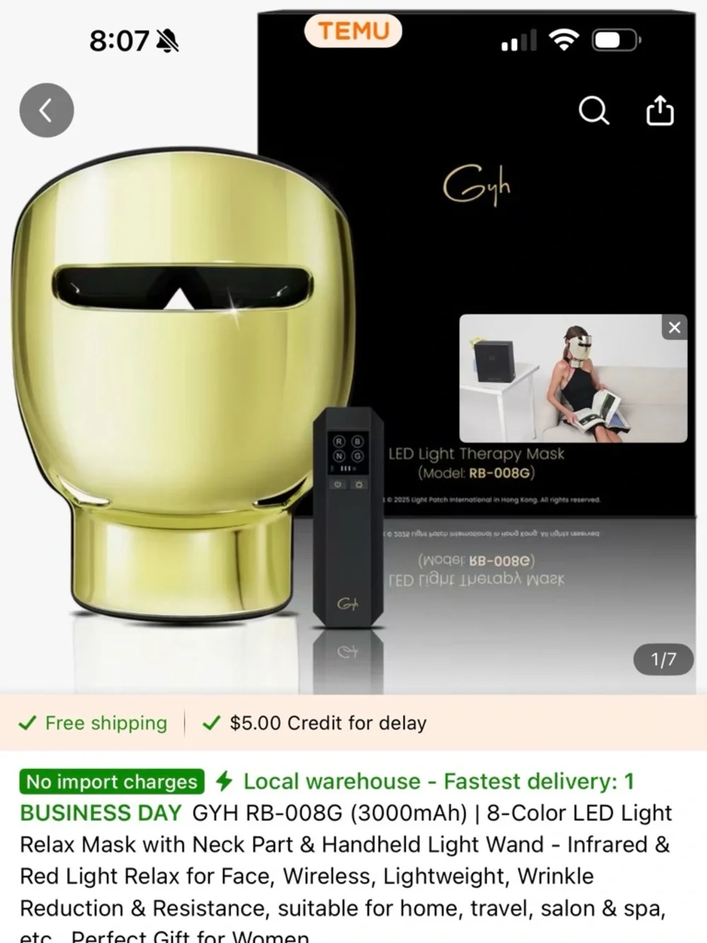 Gold LED Light Therapy Face Mask - 8-Color